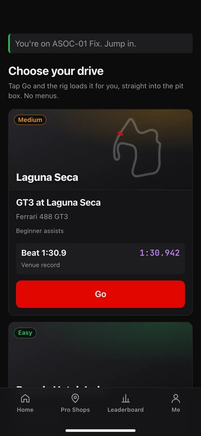 Choose your drive: GT3 at Laguna Seca in a Ferrari 488 GT3 with beginner assists, the venue record to beat, and a Go button