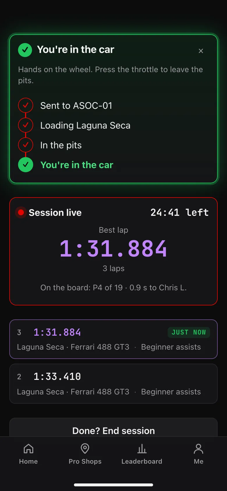 You're in the car: Sent to ASOC-01, Loading Laguna Seca, In the pits and You're in the car all checked, then the live session with the best lap and the laps so far