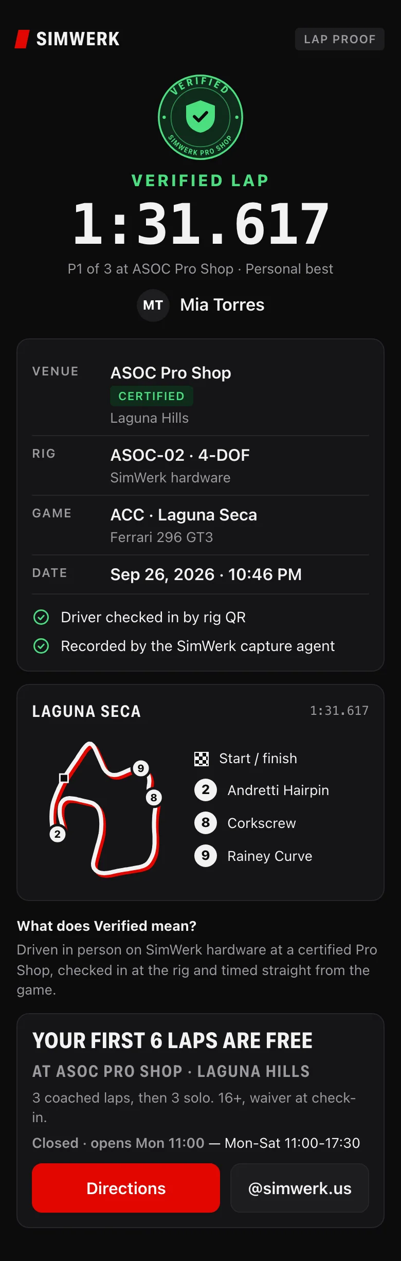 Public proof page for the same lap: Verified lap 1:31.617, the certified Pro Shop, rig ASOC-02, the game, track, car and date, and the track map