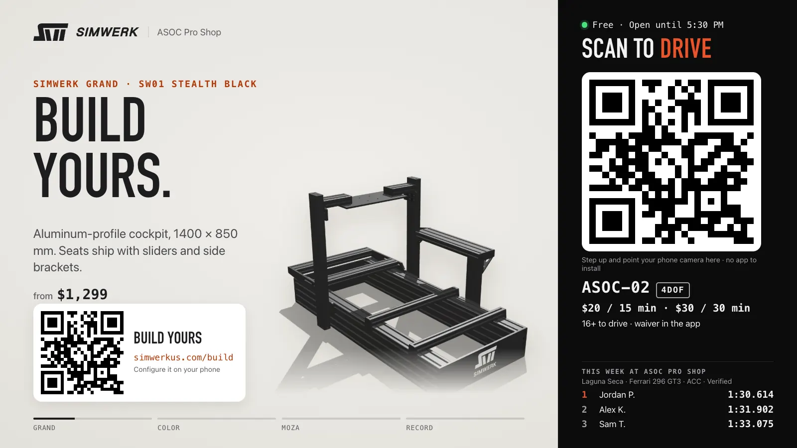 A free rig's own screen: Scan to drive with the rig's check-in QR code, the rig ASOC-02 4DOF and its rates, this week's fastest laps, and a slide for the SimWerk Grand