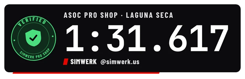 Stat sticker from the app: Verified seal and the lap time 1:31.617 at ASOC Pro Shop, Laguna Seca