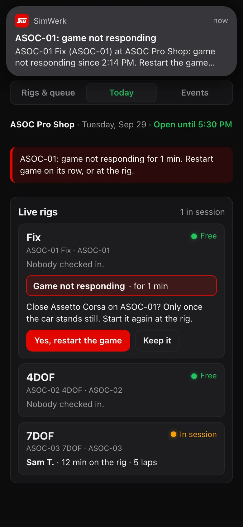 The Staff page on a phone: an alert that the game on ASOC-01 is not responding, and the rig's row asking to confirm Yes, restart the game