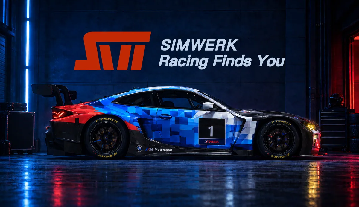SimWerk GT3 key visual: a BMW GT3 race car under the SimWerk logo