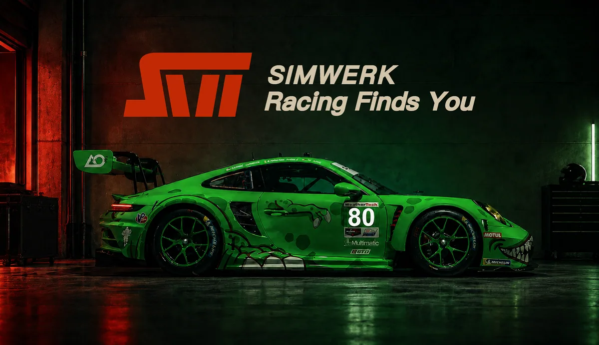 SimWerk GT3 key visual: a green Porsche GT3 race car under the SimWerk logo