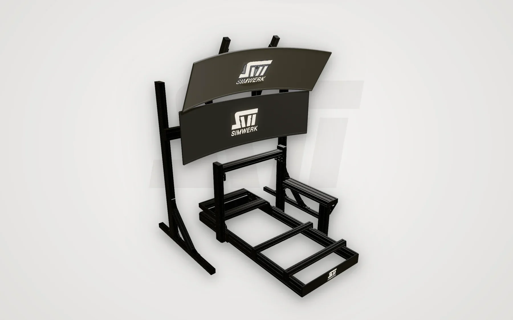 SimWerk Core with a single monitor stand and the integrated 4th monitor above it (3D render)