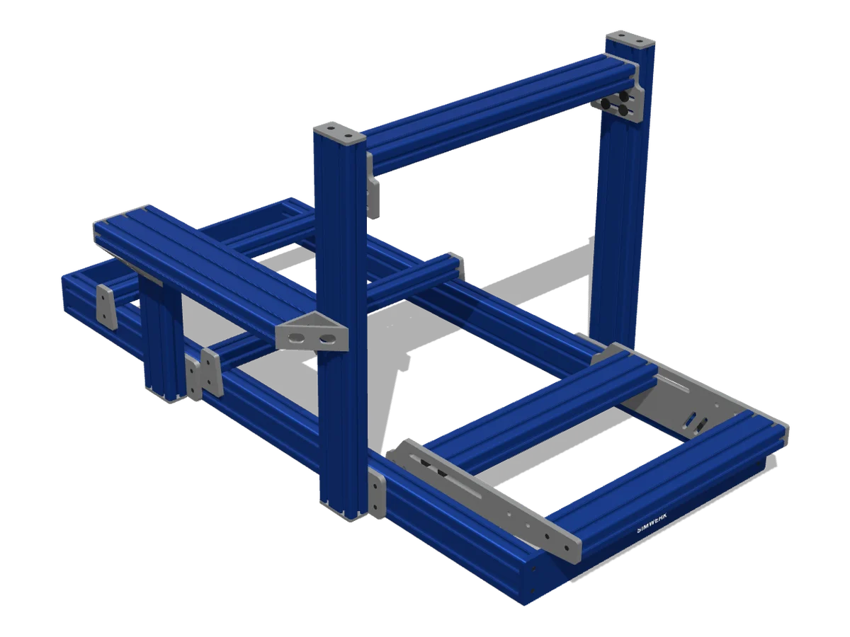 SimWerk Core chassis in the Racing Blue scheme: Racing Blue profiles and logo plate, Raw Silver CNC parts (3D render)