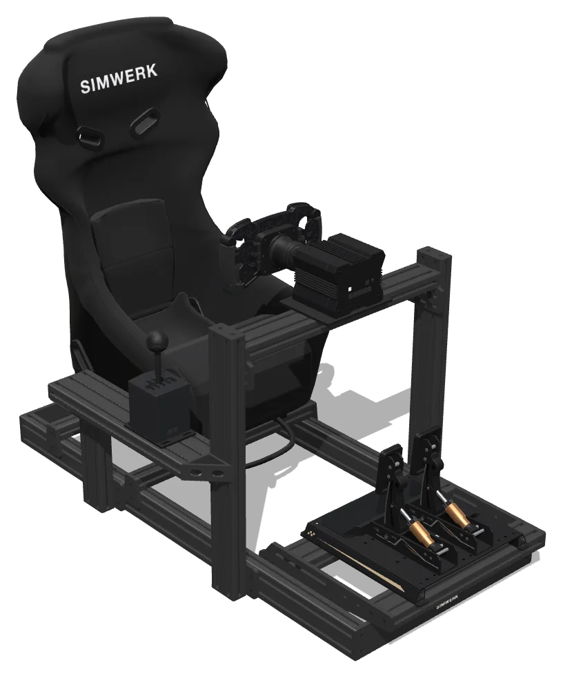 SimWerk Core with a racing seat, MOZA wheelbase, wheel, pedals and shifter (3D render)